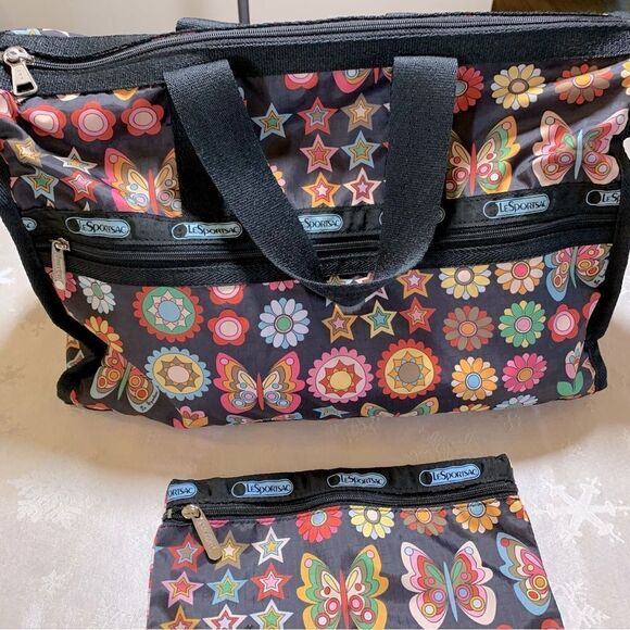 Large Lesportsac Tote Shopper & Makeup Bag Butterfly & Floral Zip Closure - Picture 4 of 6